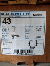 #43 A.O. SMITH 1/15HP 1550 RPM 2.3 AMP 3.3 FRAME SHADED POLE MOTOR