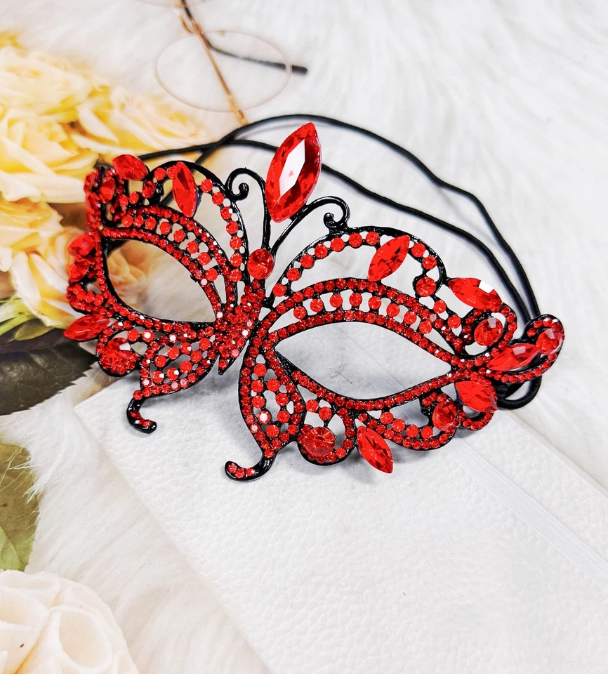 Red Crystal Masquerade Mask, Black Mask, Party Mask, Wedding Mask, Venetian Mask - Image 2 of 4