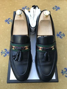 Mocassins Gucci chaussures à pompons paride cuir noir vert rouge toile homme UK 8 US 9 42