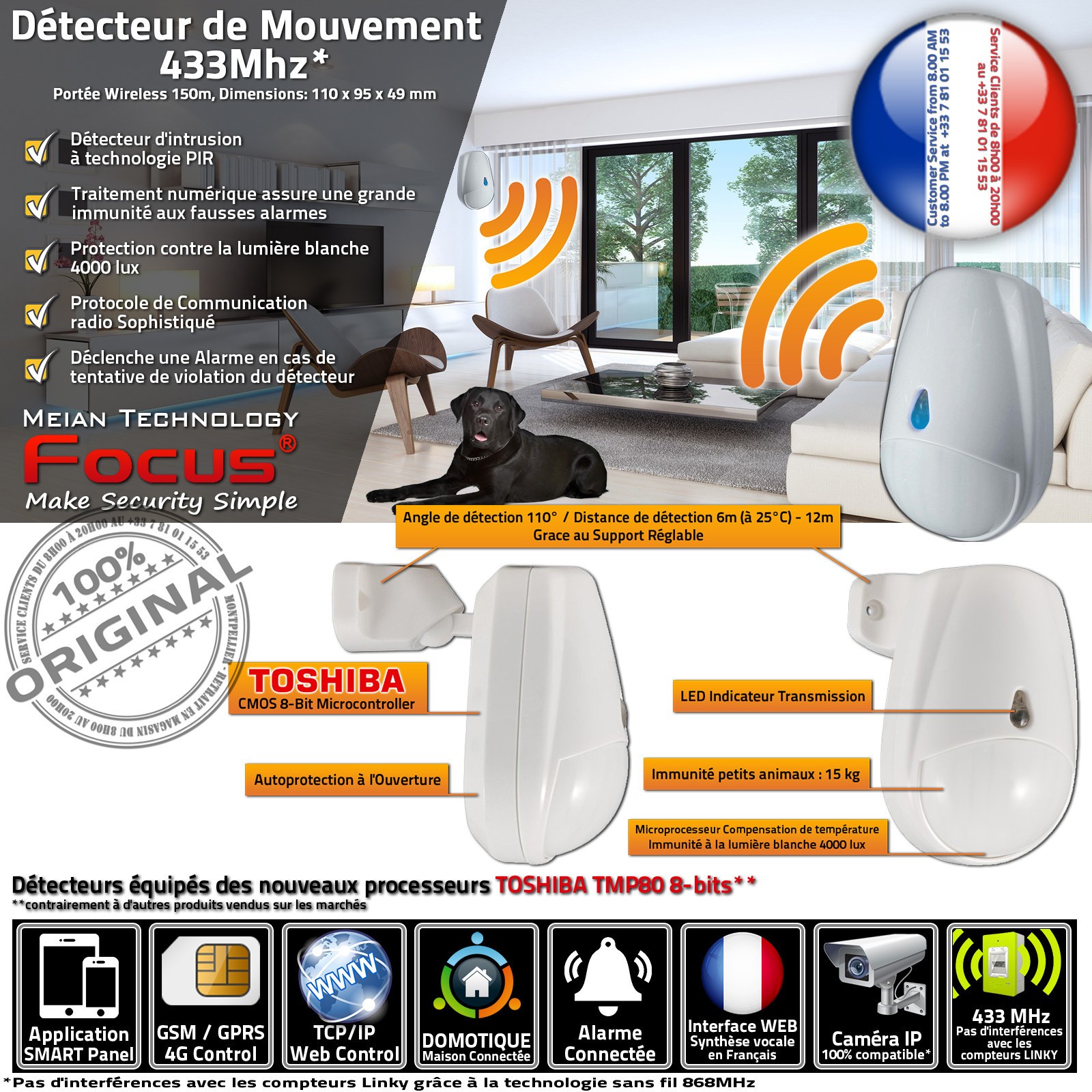 Détecteur de mouvement MC-335R grand angle 110 degrés avec alerte centrale sans fil