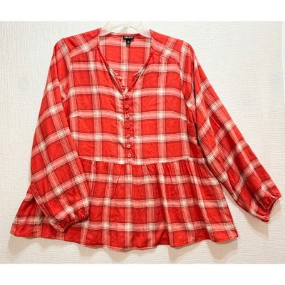 Torrid Red Orange Plaid Peplum Top Women s Button Front Long Sleeve Babydoll