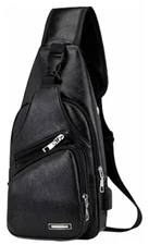 Men's Leather Sling Bag Multipurpose Daypack Shoulder Chest Crossbody Bag Black 