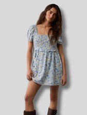 American Eagle Puff Sleeve Light Blue Floral Smocked Mini Dress 100% Cotton