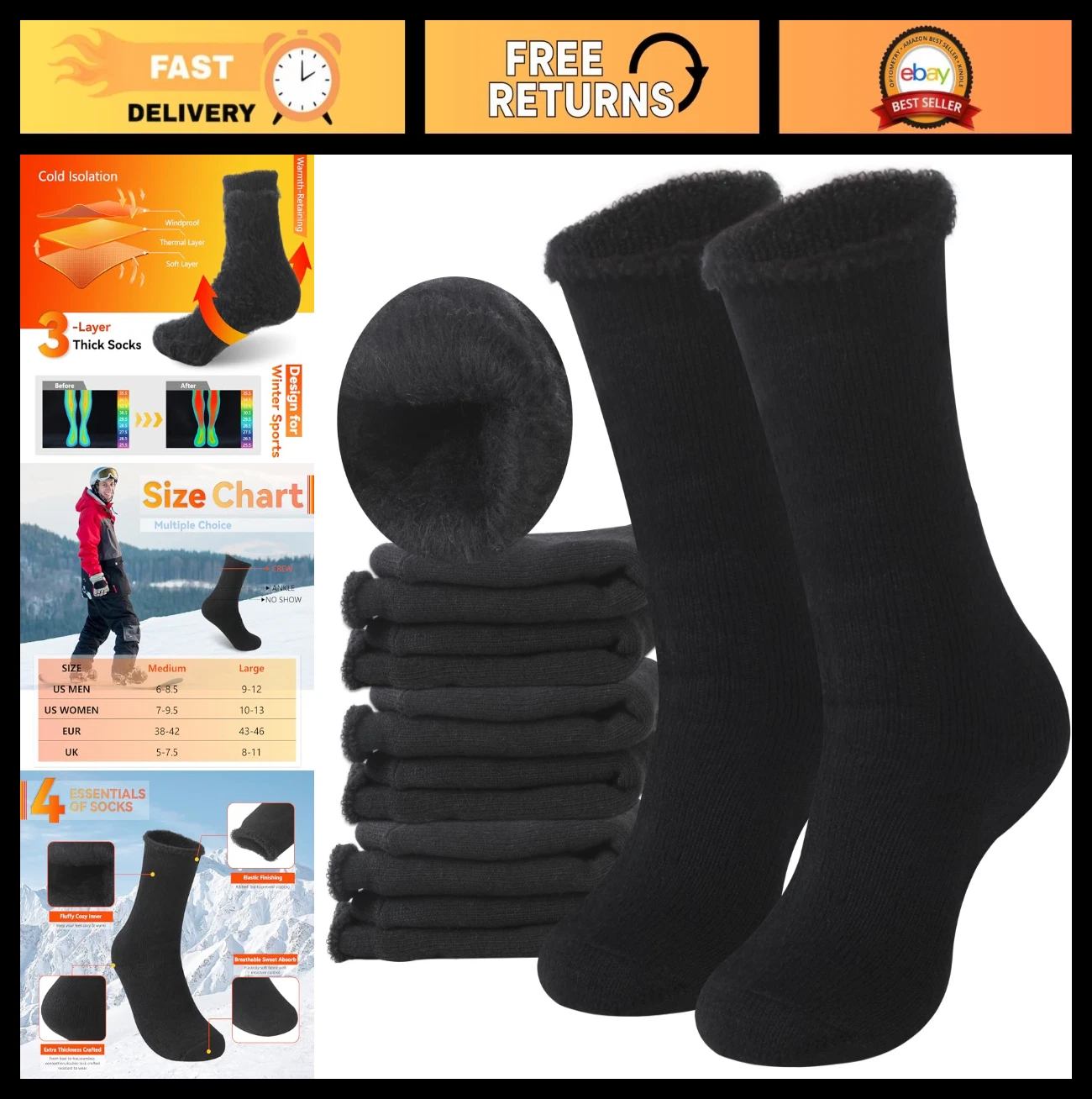 4 Pairs Thermal Socks for Skiing, Snowboarding & Hiking - 7X Warmer Winter Crew