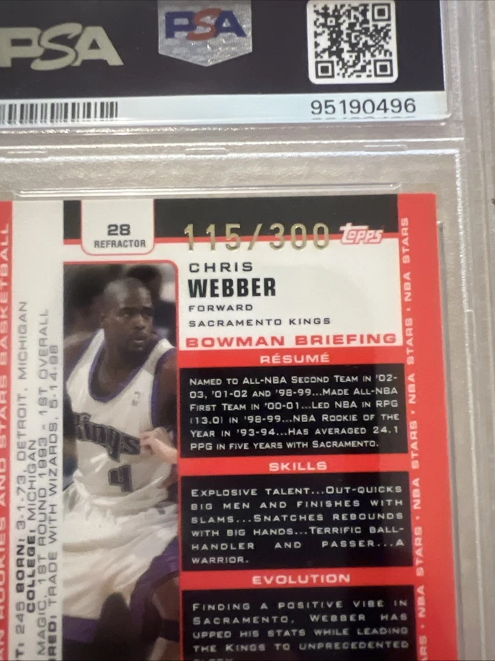 2003-04 年 Bowman Chrome #28 Chris Webber 折射器 /300 Psa 9 非常好! — 第 3/3 张图片