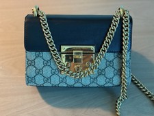 Gucci Black Brown Beige GG Shoulder Bag with Chain Strap, Gold Hardware, Padlock