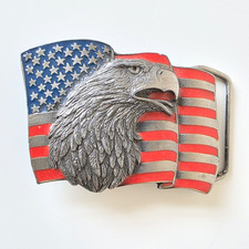 1990 Siskiyou Eagle USA Flag Belt Buckle Red Blue Enamel Vintage
