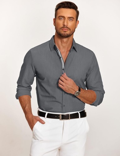 Mens Casual Button Down Shirt Untucked Long Sleeve Stretch Denim Dress Shirt - Picture 22 of 83