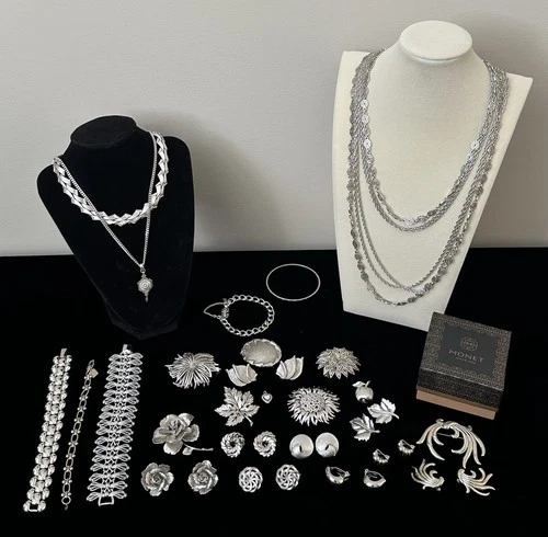 Vintage Signed Silver Tone Jewelry Lot Monet Trifari Puccini Bergere Lisner More