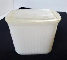 Vintage HAZEL ATLAS Refrigerator Container Milk Glass Dish Rectangle Plastic Lid