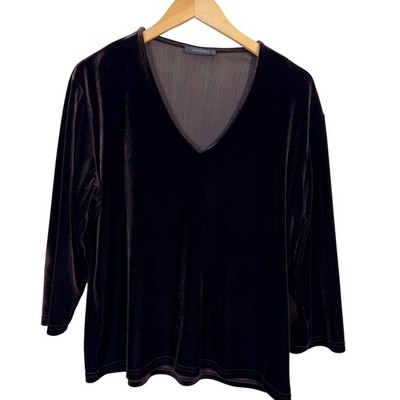 Jonden Womens Velour Top XL VTG Long Sleeve V Neck Chocolate Brown Stretchy