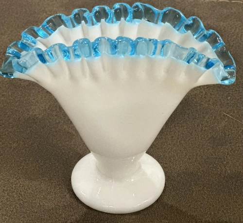 Vintage Fenton Aqua Blue Crest Milk Glass Crimped Fan Vase ruffled 4.5"