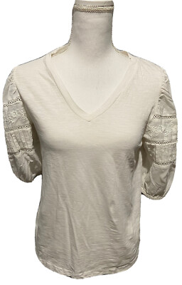 Loft Womens Ivory Vneck Puff Lace Short Sleeve Shirt Top Size