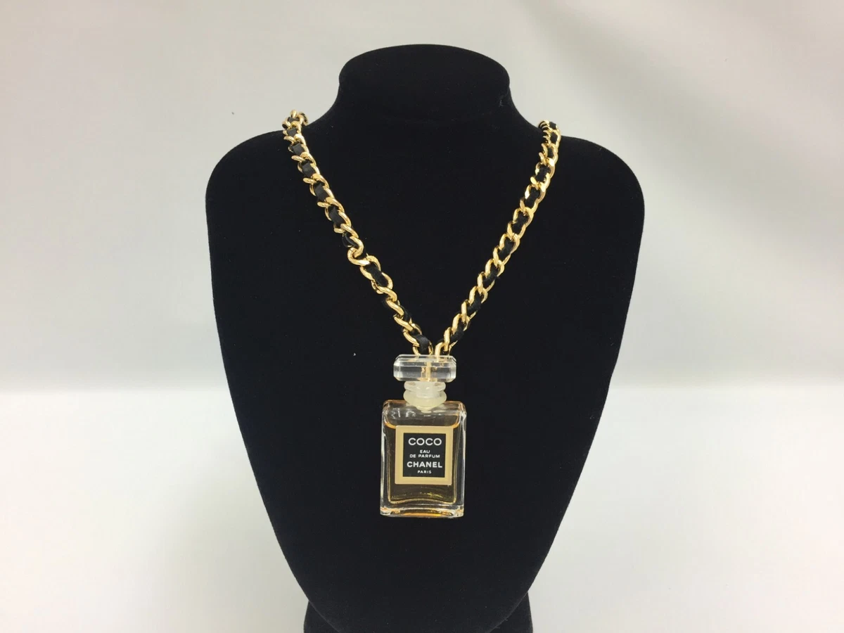 Auth Chanel Gold Black Chain COCO Perfume Bottle Necklace Vintage