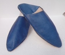 UNISEX MOROCCAN LEATHER POINTED BACKLESS MULES / SLIPPERS * BLUE * ALL SIZES