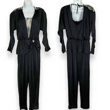 Vintage 80s Jumpsuit Black Metallic Dramatic Disco New Years Eve Tank Party