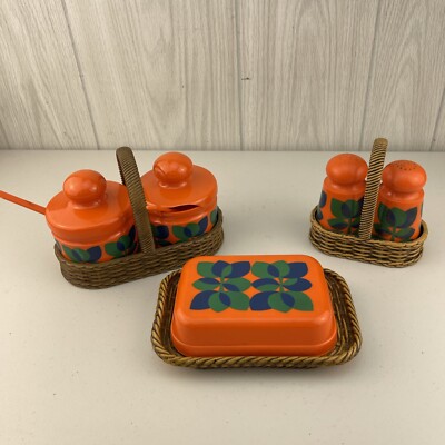 LOT 70s German EMSA Orange Butter Dish / Condiment Set / Salt & Pepper **READ**