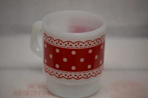 VINTAGE RED AND WHITE POLKA DOTTED STACKABLE FIRE KING COFFEE MUG