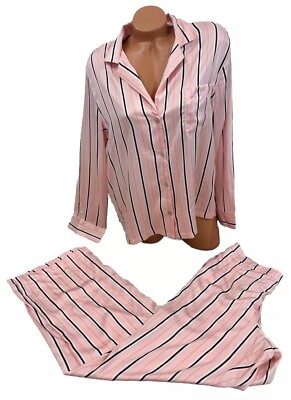 Victoria's Secret Afterhours Pajama Set Stripped Silky Satin Size L Reg