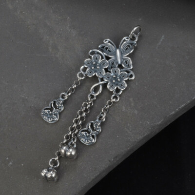 A22 Pendant Butterfly with Flowers Sterling Silver 925 Tassels 