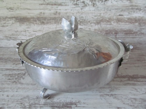 VTG Hand Hammered Aluminum Bowl Metalware w/ Lid, Handles (& Legs = RARE) Tulips - Picture 14 of 21