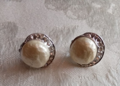 Vtg Signed Eisenberg Rhinestone Pearl Clip On Earrings Silver Tone MCM RARE