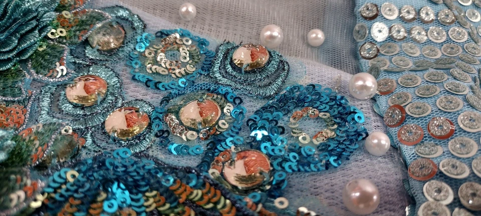 Niñas Vestido Sirena Lentejuelas Joyas Adornado Azul Aqua Glamoroso Vestido Disfraz Foto 3 de 4