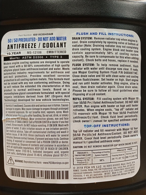 ENGINE COOLANT / ANTIFREEZE OAT MOPAR 68163849AB for JEEP CHRYSLER DODGE SRT eBay