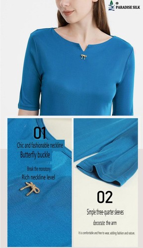 Women's Silk Half-sleeved T-Shirt with Notch Collar - Picture 4 of 10