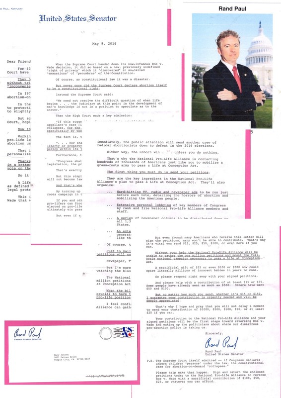 Rand Paul Senator, Printed free Frank and 4 page letter (5907