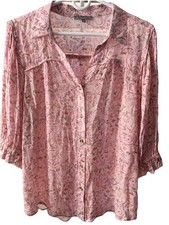 Wit & Wisdom Large Pink Pastels Elephants Button Up Casual Boho 3/4 Sleeves