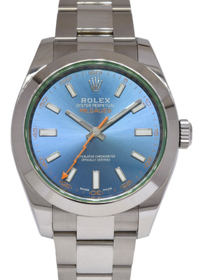 Rolex Milgauss Steel Blue Dial Green Crystal Mens 40mm Watch +Card '17 116400