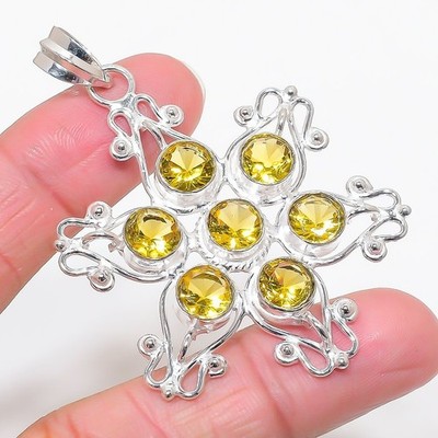 Yellow Citrine Gemstone 925 Sterling Silver Jewelry Pendant Size 2.6''