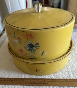 Vintage Yellow Tole Toleware 3 Piece Cake Box Pie Tin Hand Painted Flowers