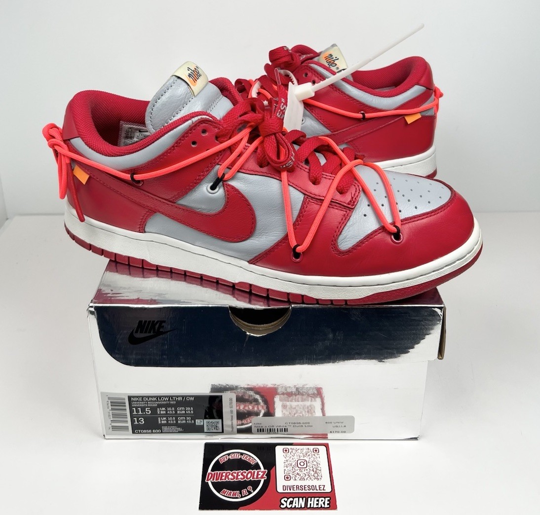 OFF WHITE X NIKE Taglia 11.5 Nike Dunk Low x OFF WHITE University Red 2019❤️ LEGGERMENTE INDOSSATE!