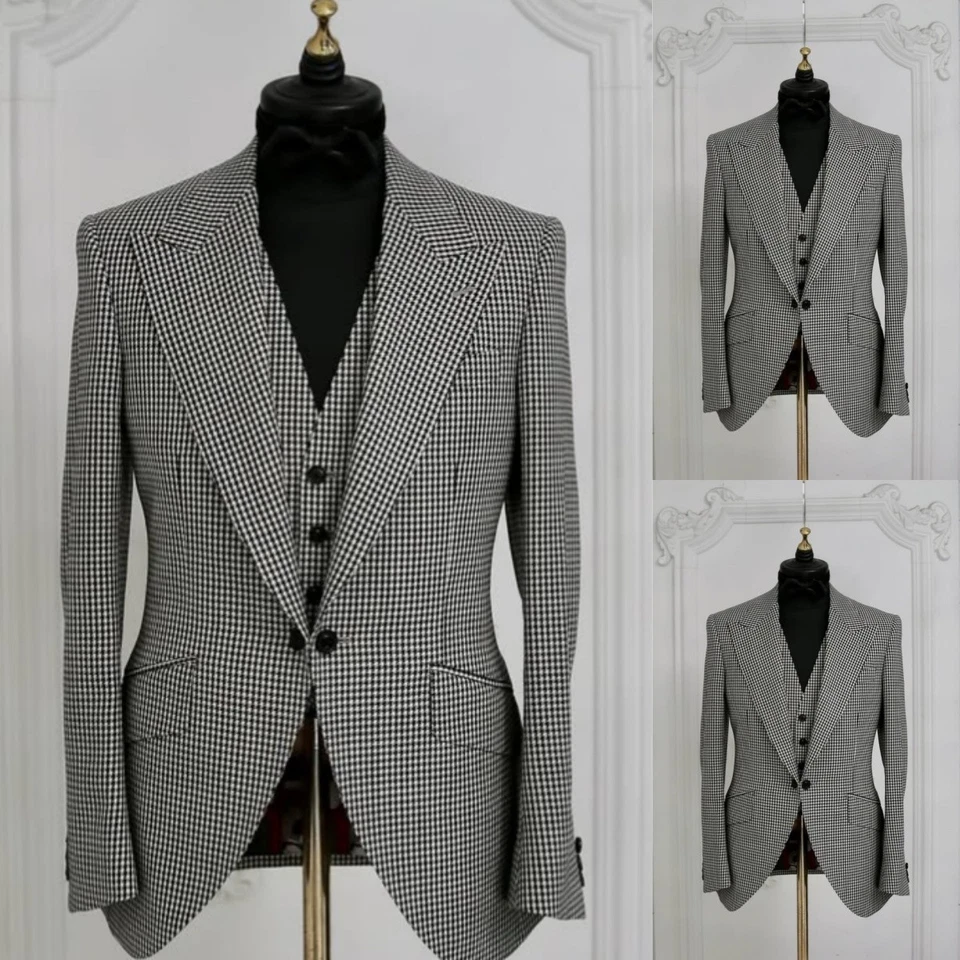Trajes de pata de gallo para hombre blazer de solapa de pico ancho chaleco chaqueta abrigo blanco y negro Foto 3 de 4
