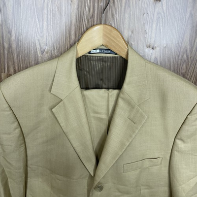 #ad Mazzoni 2 Piece Suit Mens 40L 32x27 Tan Solid Microcheck Polyester Three Buttons $89.10