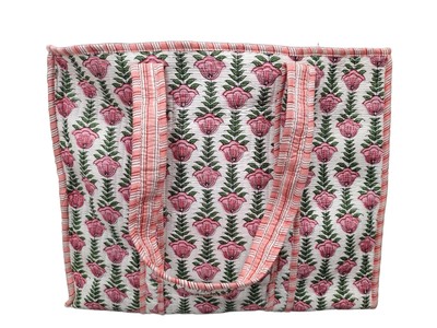 Cotton Floral Block Print Tote Bag Handmade Indian Shoulder Bag, Qiulted Mark...