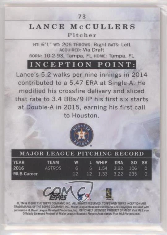 2017 Topps Inception Magenta /99 Lance McCullers Jr Lance McCullers #73 - Image 2 of 2