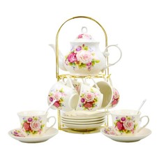 20-Piece Porcelain Tea Set with Gold Rim  Metal Rack - Elegant Coffee Gift Set