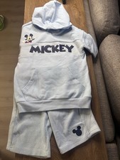 Boy Sz 5T Toddler Textured Light Blue Shorts Hooded Shirt MICKEY MOUSE Outfit