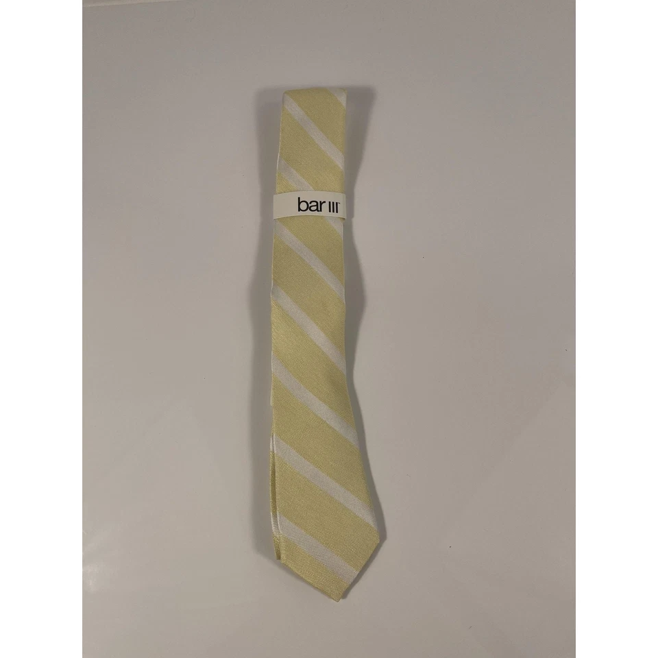 Gravata Bar III masculina listra branca amarela Lovett mistura de seda fina moderna formal nova com etiquetas - Imagem 3 de 4