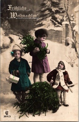 Vintage German Christmas Postcard 1916 Children Evergreen Hand-Colored Flensburg
