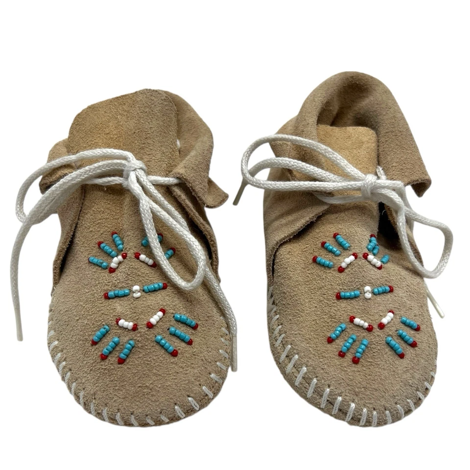 De colección TAOS Bebé Infante Piel de Ciervo Cuero Mocasines Nativos Cuentas Pájaro Zapatos 9-12mo Foto 2 de 4