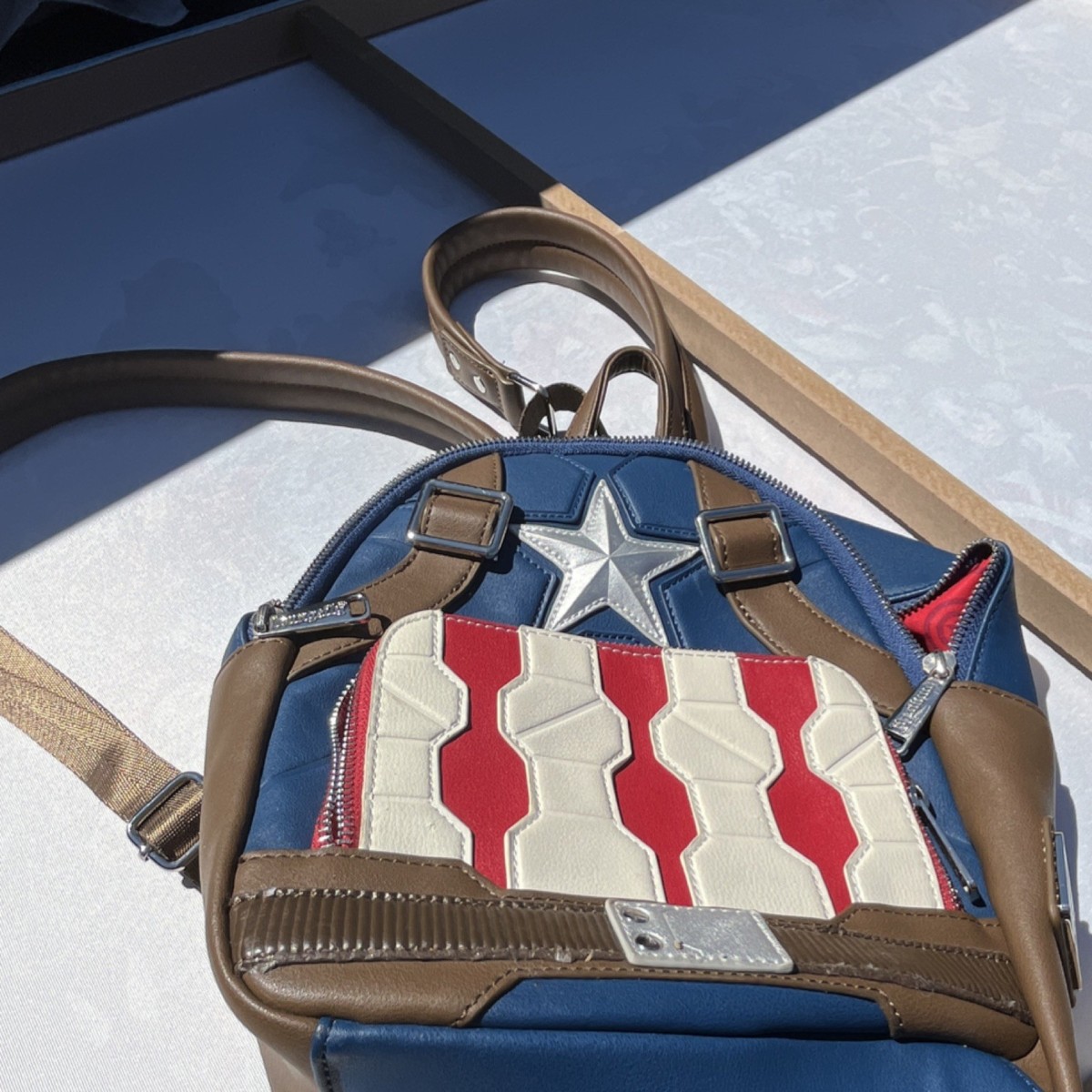 Captain America Themed Loungefly Backpack - Blue, Red, White, Brown Marvel Captain America Shield Loungefly Backpack | Marvel  main image 3