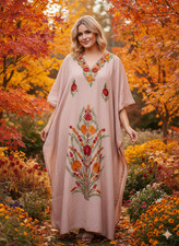 Women s Maxi Caftan Lemonade Pink Floral Embroidered Beach Kaftan Dress L-2X