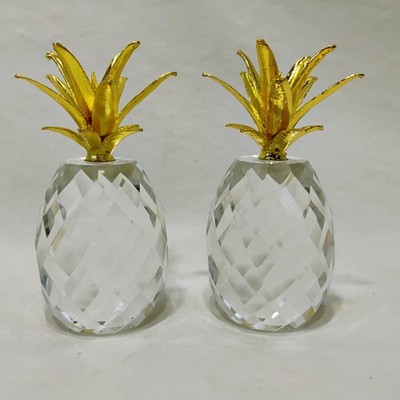 Crystal + Gold Pineapple Figurines Paperweight Set Of Two Pineapples 4.5''