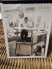 Vintage Snapshot Young Boy In Giant Cosco Highchair Balloon Weird Odd
