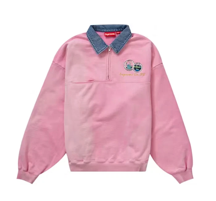 SUPREME SS23 DENIM COLLAR HALF ZIP SWEATSHIRT PINK S-XL NEW