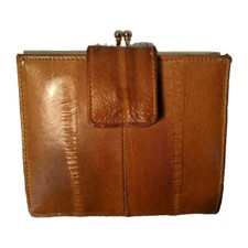 Vintage Eel Skin Ladies Bifold Tan Wallet Gold Kisslock Change Purse Soft Cards